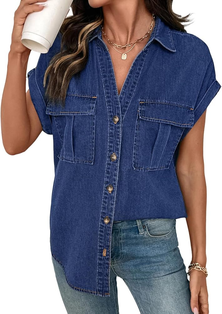SIDEFEEL Women's Denim Shirt Button Down V Neck Short Sleeve Jean Shirts Trendy Casual Loose Fit ... | Amazon (US)