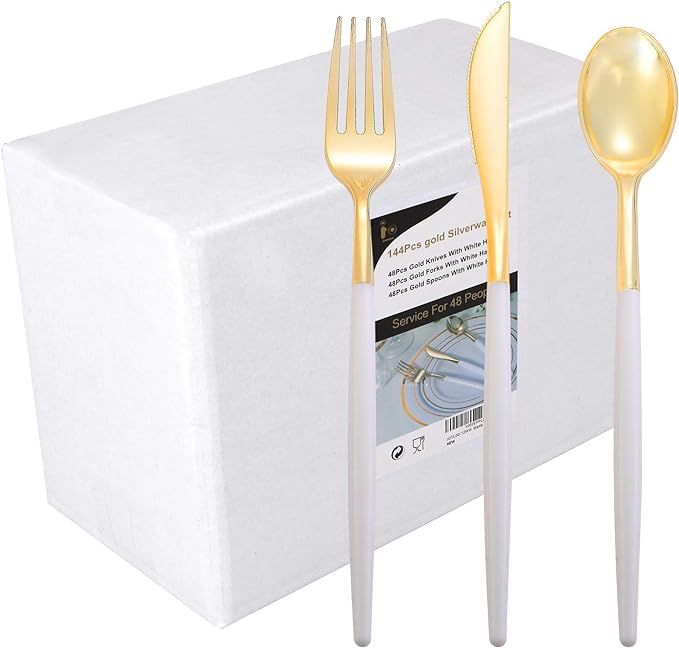I00000 144Pcs Gold Plastic Silverware,Heavy Duty Gold Plastic Cutlery Disposable Flatware,Gold Pl... | Amazon (US)