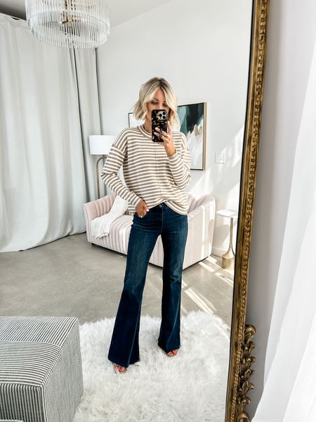 Casual fall outfit idea! I am wearing an XS in the striped sweater and S in the flares! 

Loverly Grey, fall outfits 

#LTKstyletip #LTKSeasonal