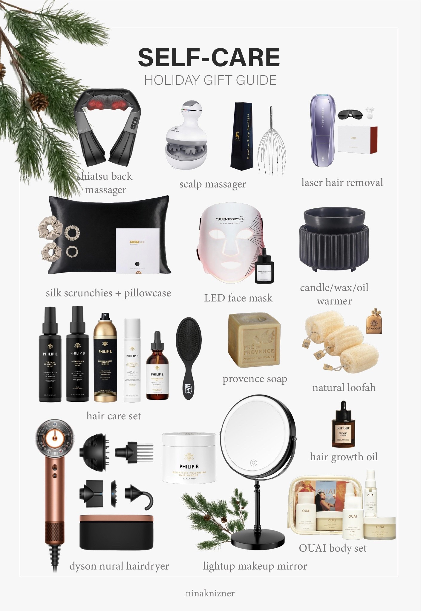 Holiday self-care gift guide...
Tried and loved products,
Get just one or two items, or create a package for that special someone .

- Amazon Shiatsu Neck Massager
- Lily Silk Hair Scrunchies
- Amazon Mulberry Silk Pillow Cover in black 
- Amazon Scalp Massager 
- ULike Laser Hair Removal Device
- Currentbody Skin LED Red Light Mask
- Amazon Candle/Wax/Oil warmer
- Philip B. Hair Care Line
- Amazon Wet Brush Detangler
- Dyson SuperSonic Nural Hair Dryer 
- Amazon Lightup Makeup Mirror 
- Amazon Provence Soap
- Amazon Natural Egyptian Loofah
- Bur Bur Hair Growth Oil
- Sephora OUAI Body Gift Set

#selfcare #giftguide #hair #skincare #dyson #hairdryer #redlighttherapy #ledmask #candle #hairremoval #laserhairremoval #hairgrowth #silk #blackfriday #cyberweek
#LTKCyberweek #thanksgiving #christmas #redlightmask

#LTKselfcare #LTKHoliday #LTKGiftGuide