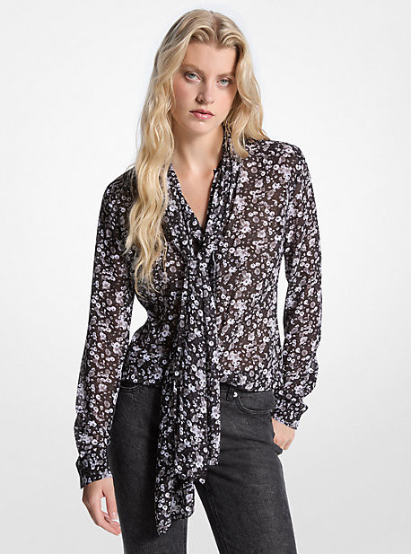 Floral Print Georgette Tie-Neck Blouse | Michael Kors US