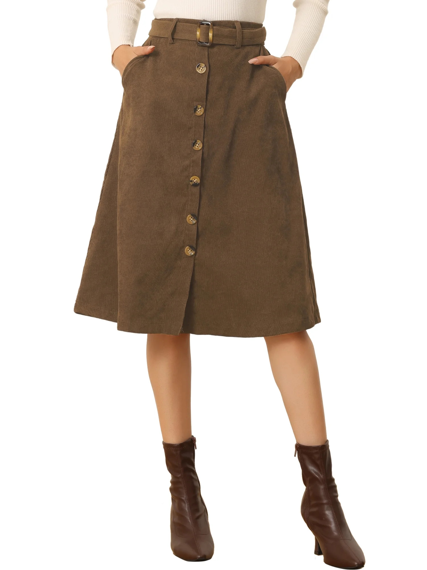 INSPIRE CHIC Women's Skirts High Waist A-Line Button Front Belted Corduroy Skirt M Coffee | Walmart (US)