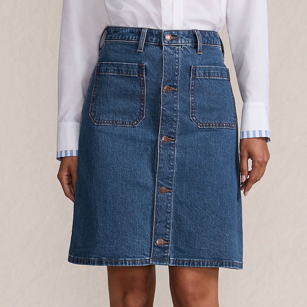 Women's Soft Denim Mid Rise Button Through Above the Knee Skirt | Lands' End (US)