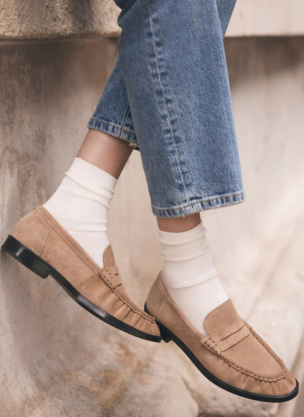Gigi Neutral Suede Penny Loafers | Mint Velvet