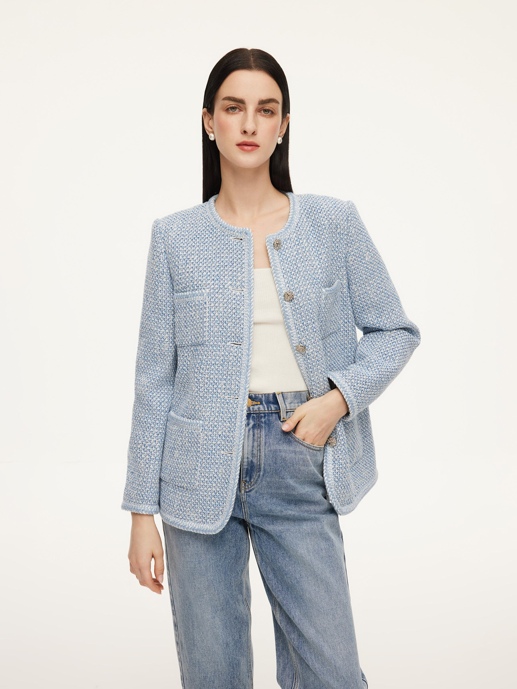 Tweed Single-Breasted Braided Trim Women Jacket - Blue and White Jacquard / XS | GOELIA