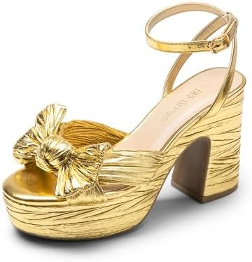 DREAM PAIRS Women's Chunky Platform Heels Sandals Pleated Bow Knot Ankle Buckle Strap Heeled Sand... | Amazon (US)
