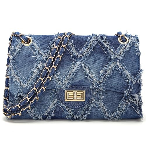 DIUY Quilted Crossbody Bags for Women Trendy Ladies Jean Denim Shoulder Purse Satchel HandBag with Chain Strap, Denim Blue | Amazon (US)