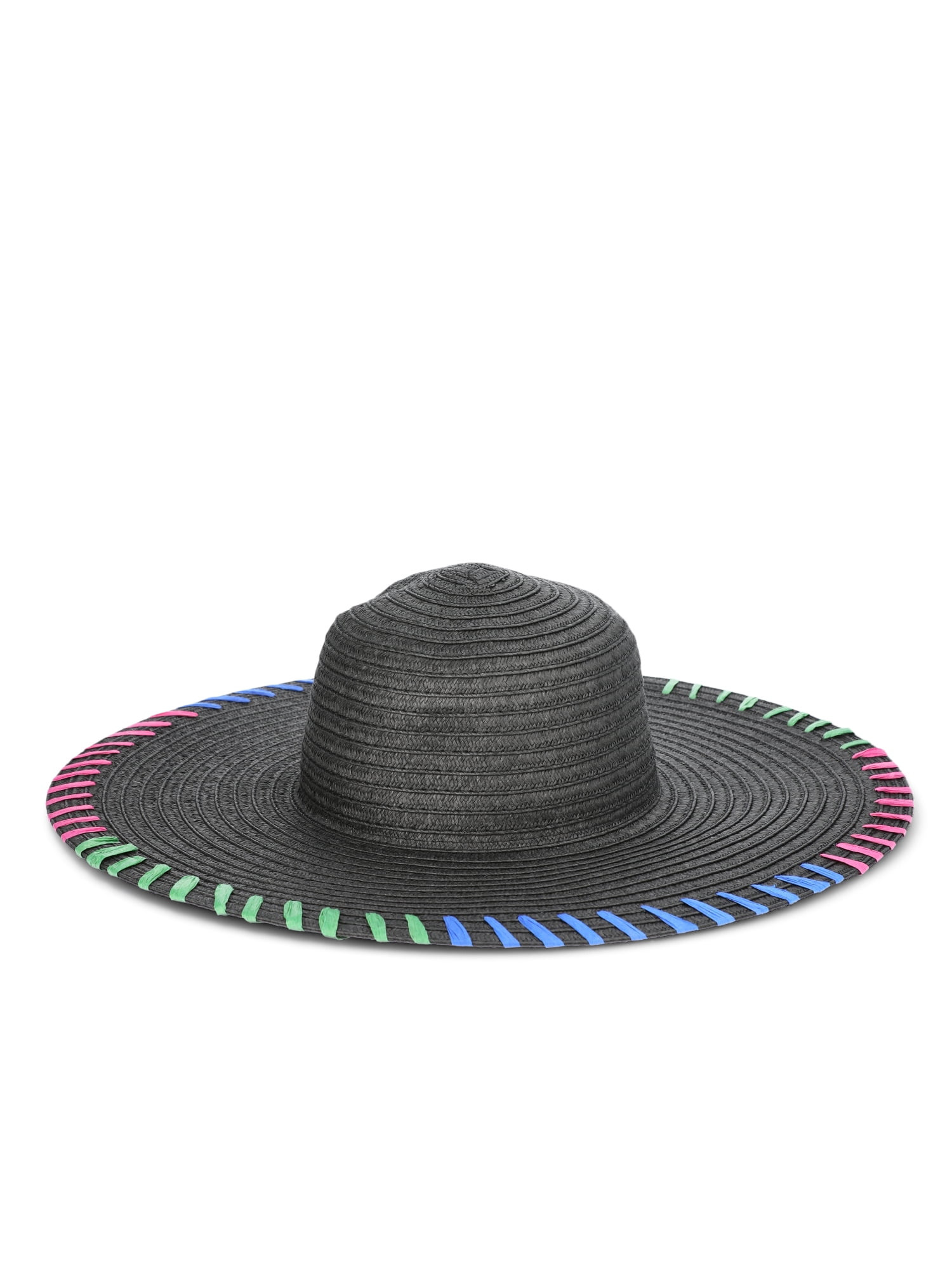 Time and Tru Women's Round Crown Straw Floppy with Whipstitching, One Size, Black | Walmart (US)