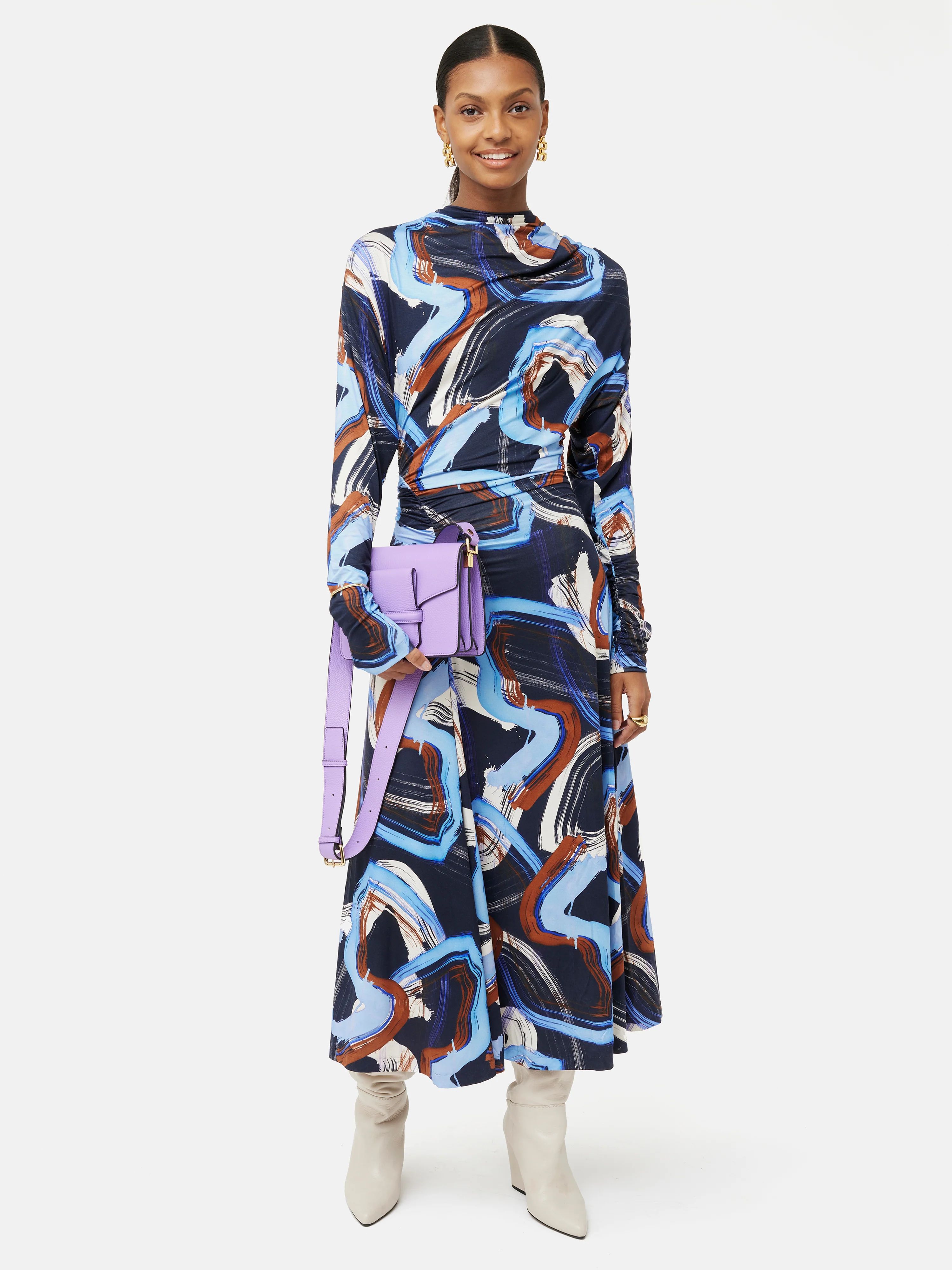 Painted Abstract Ruched Jersey Dress | Blue | Jigsaw (UK)