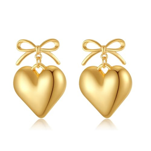 TRWWELL Gold Heart Dangle Earrings for Women Dainty Statement Ribbon Bow Dangle Earrings Earrings Cute Bow Heart Drop Earrings for Valentines Day Gift | Amazon (US)