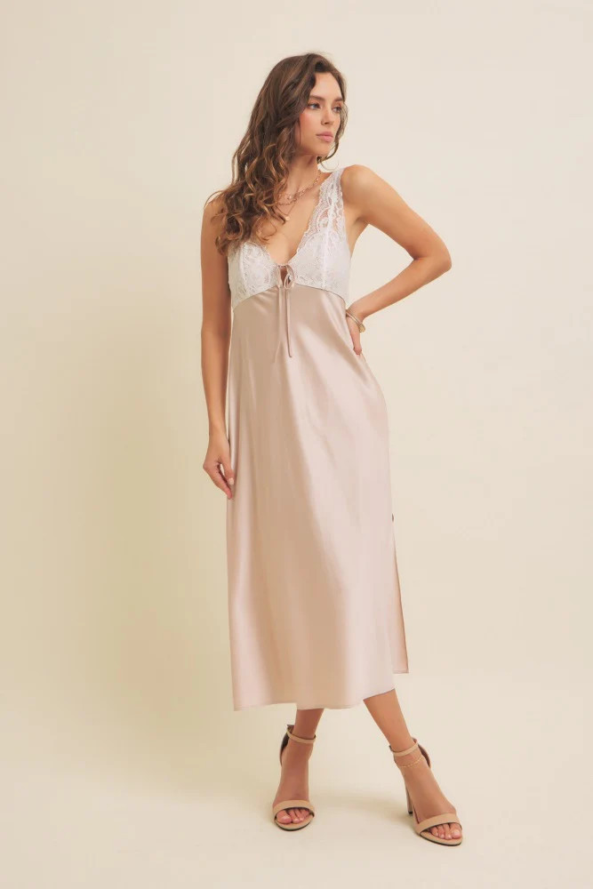 Beige Satin Lace Side Slit Slip Dress | PinkBlush Maternity