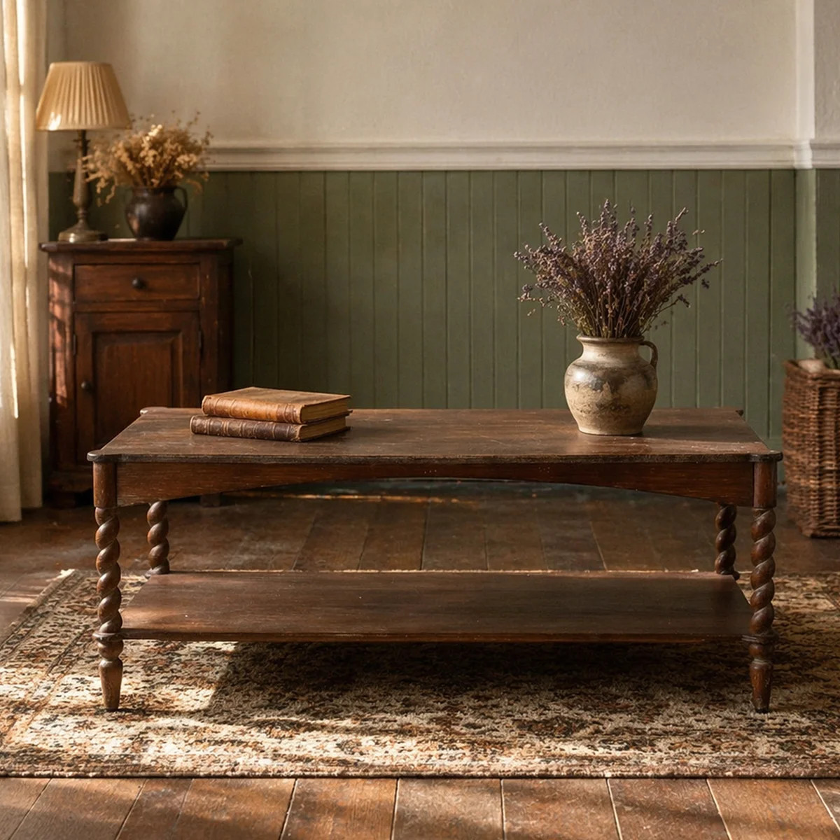 47x22x18.5" Rustic Brown Wood Coffee Table with Turned Spiral Legs and Lower Shelf | Wayfair North America