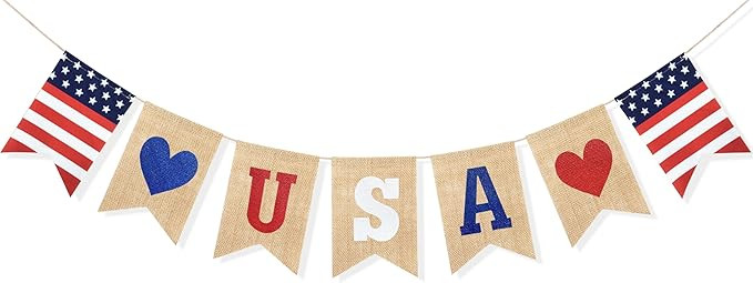 Uniwish USA Banner Burlap Bunting 4th of July Decorations American Independence Day Celebration R... | Amazon (US)