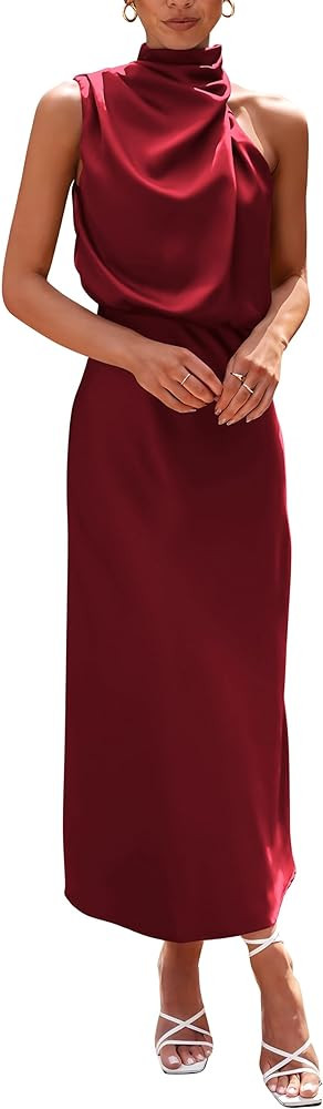 PRETTYGARDEN Women's 2025 Summer Satin Dress Elegant Sleeveless Mock Neck Cocktail Party Maxi Dre... | Amazon (US)