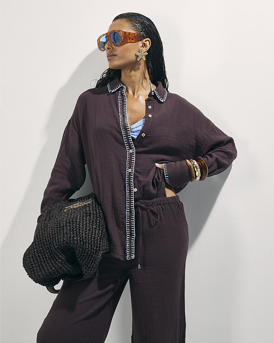 Brown Whipstitch Beach Shirt | River Island UK & IE