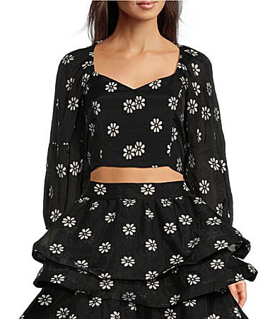 Buru Woven Brocade Floral Print Sweetheart Neck Long Balloon Sleeve Smocked Keyhole Back Cropped Coordinating Bustier Top - M | Dillard's