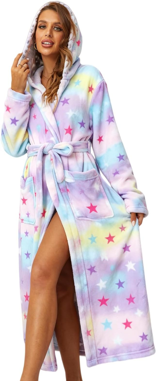 RONGTAI Womens Robes Plush Fleece Hooded Bathrobe Thick Nightgown with Pockets Fluffy Sleepwear | Amazon (US)
