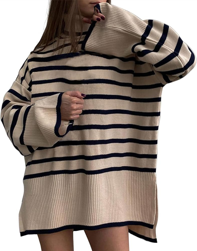 MISSACTIVER Women’s Striped Turtleneck Split Side Oversized Knit Jumper Casual Drop Shoulder Lo... | Amazon (US)