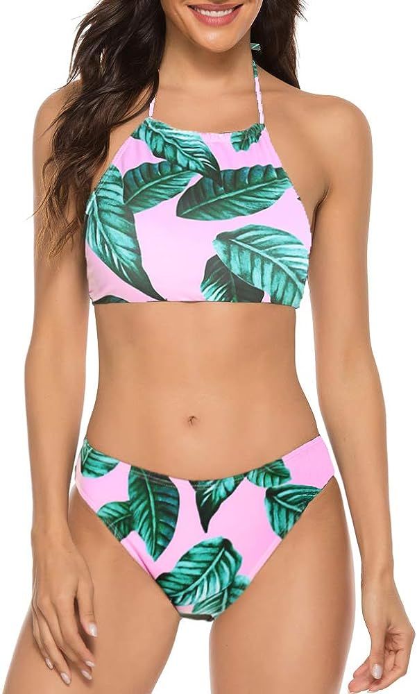 Women's Sexy Halter Leaves Print 2 Piece Swimsuit Padding Bikini Set | Amazon (US)