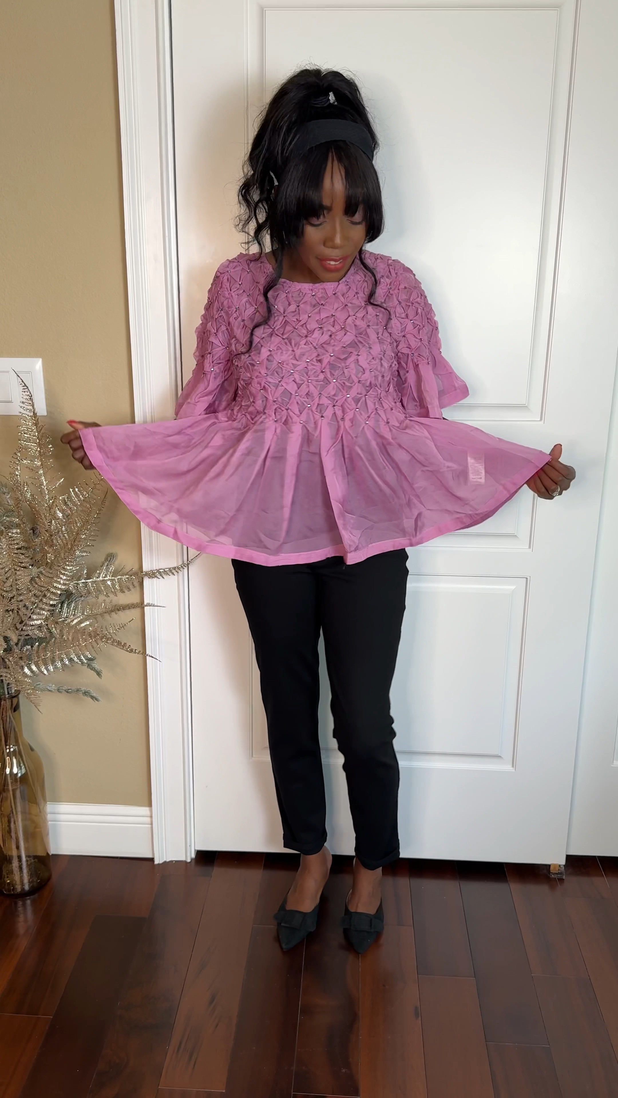 Happy Thanksgiving Day, Everyone! 
Today’s look features this gorgeous peplum top. Has rhinestones on the front and sleeves. True to size. Wearing a small. It’s fun and easy to wear. Also comes in plus size and is on sale. 
My pants run big. Wearing a size 0 (4)  
Holiday Outfit, Thanksgiving Outfit, Christmas, 

#LTKStyleTip #LTKWatchNow #LTKSaleAlert #LTKOver40 #LTKCyberWeek #LTKSeasonal #LTKFindsUnder100 #LTKHoliday