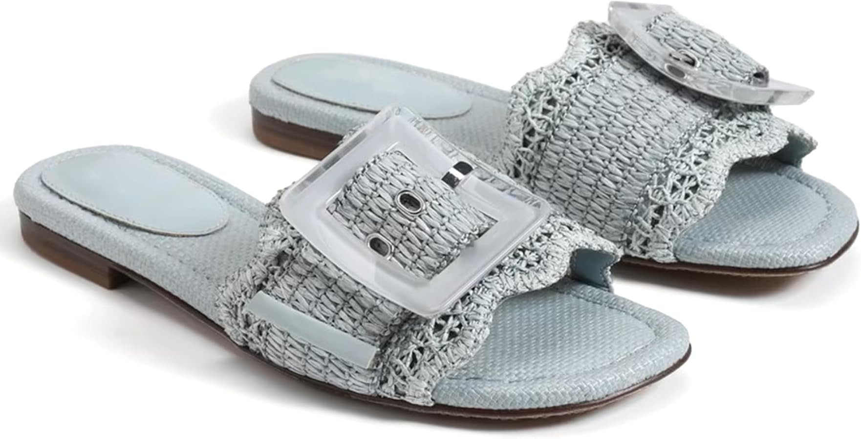 Raffia Flat Sandals for Women Woven Rattan Buckle Slide Sandals Summer Slip On Beach Sandals | Amazon (US)