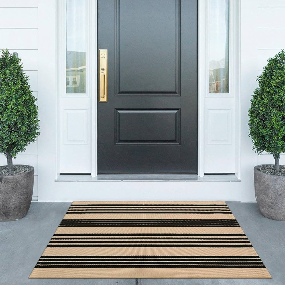 KIMODE Striped Outdoor Rug 27.5x43 Inches, Black and Khaki Outdoor Front Porch Rug, Reversible Wa... | Amazon (US)