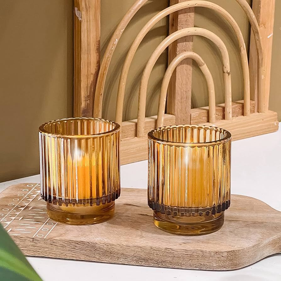 Kate Aspen Vintage Ribbed Amber Glass Tealight & Votive Candle Holders (Set of 6), Fall Decor, Bo... | Amazon (US)