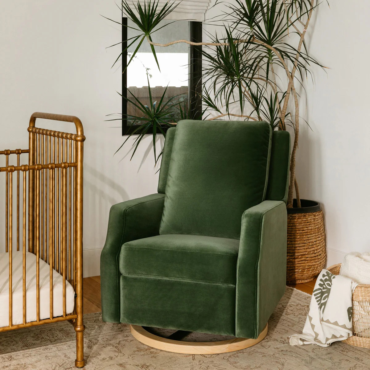 NAMESAKE | Crewe Recliner and Swivel Glider | Forest Green Velvet with Light Wood Base | Bohemian Mama