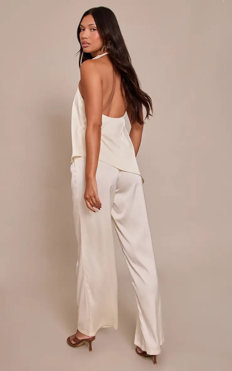 Jumpsuits | Mushroom Satin Draped Halterneck Wide Leg Jumpsuit | PrettyLittleThing | PrettyLittleThing UK