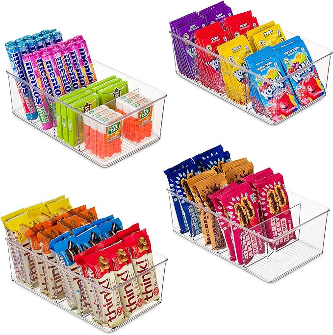 Set of 4 Plastic Food Storage Organizer Bins - Divided Compartment Holder for Snacks, Packets, Po... | Amazon (US)