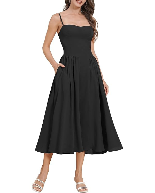 Women’s Corset Dress Sexy Spaghetti Strap Bustier Midi Dress Low Cut Flowy Pleated Hem Formal D... | Amazon (US)