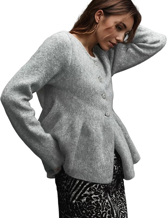 Wyeysyt Womens Peplum Cardigan Sweaters Button Down Long Sleeve Ribbed Knit Vintage Cardigan Tops | Amazon (US)