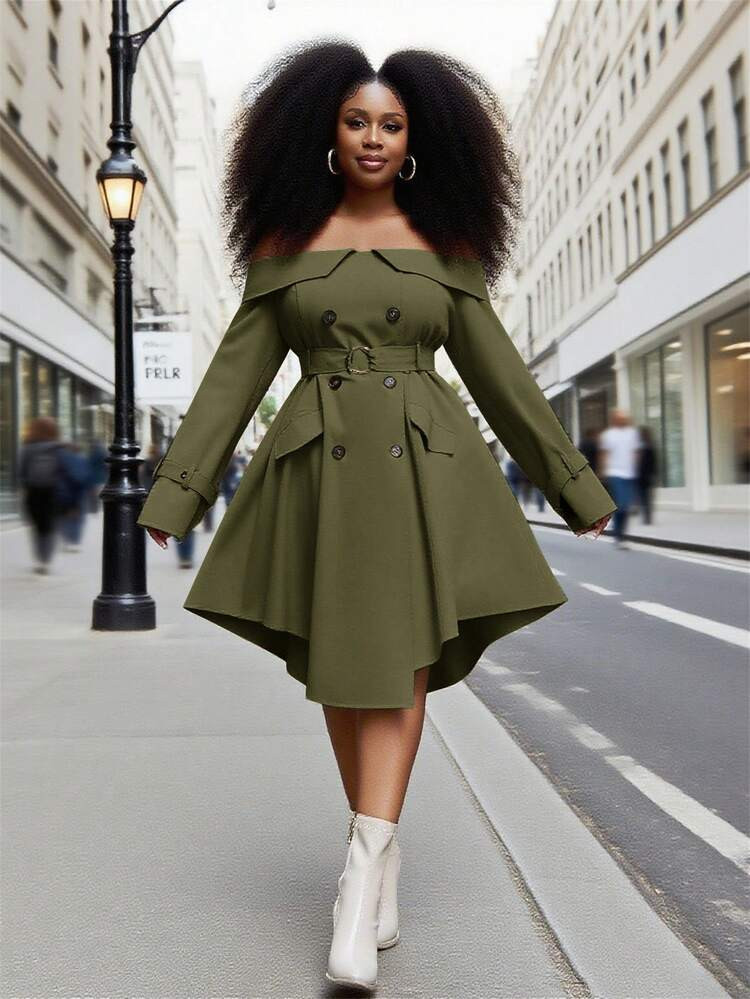 Slaydiva Elegant Work Clothes Women Business Casual Street Khaki Off-Shoulder Windbreaker Dress/B... | SHEIN