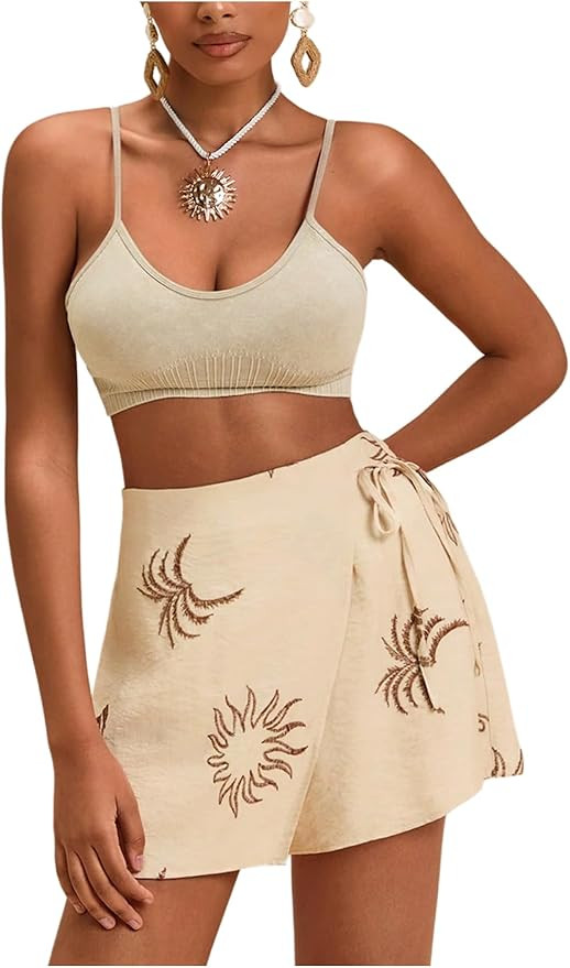 Women's Floral Graphic Skirt Shorts Drawstring Waist Tropical Boho Wrap Skorts | Amazon (US)