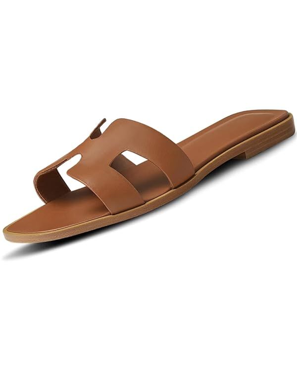 Women's Flat Sandals H-Band Slides Comfortable Slip On Leather Slide Sandals Sandals for Women Su... | Amazon (US)