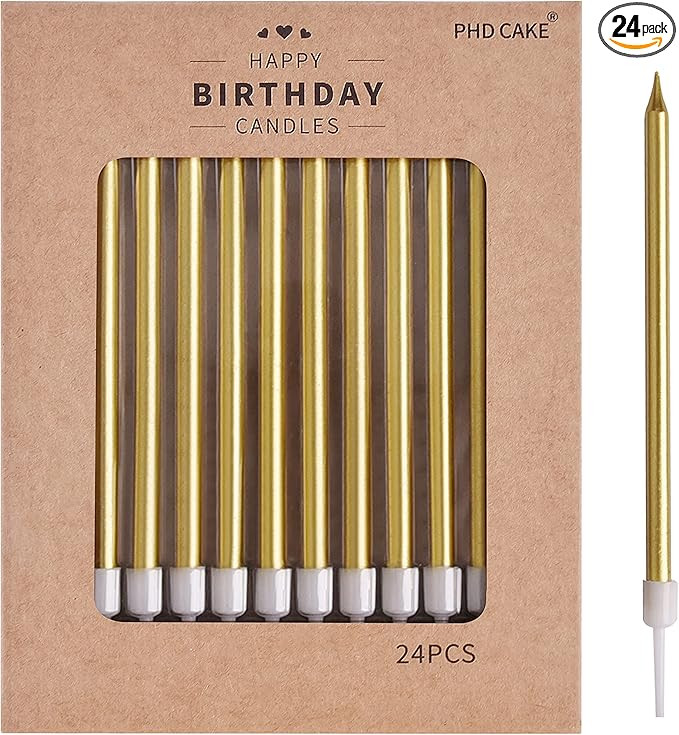 PHD CAKE Gold Long Thin Metallic Birthday Candles, Cake Candles, Birthday Parties, Wedding Decora... | Amazon (US)