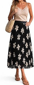 Arach&Cloz Women's Chiffon Wide Elastic Band A-Line Pleated Floral Pleated Skirts | Amazon (US)