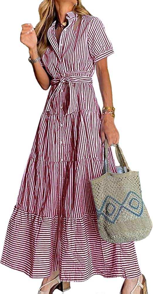Women Summer Striped Maxi Long Button Down Short Sleeve Tie Waist Tiered Casual Dress | Amazon (US)