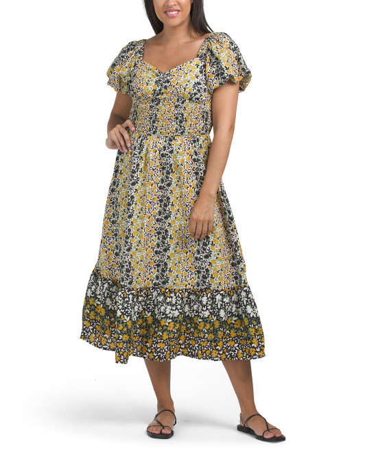 Puff Sleeve Printed Maxi Dress With Sweetheart Smocked Top | TJ Maxx