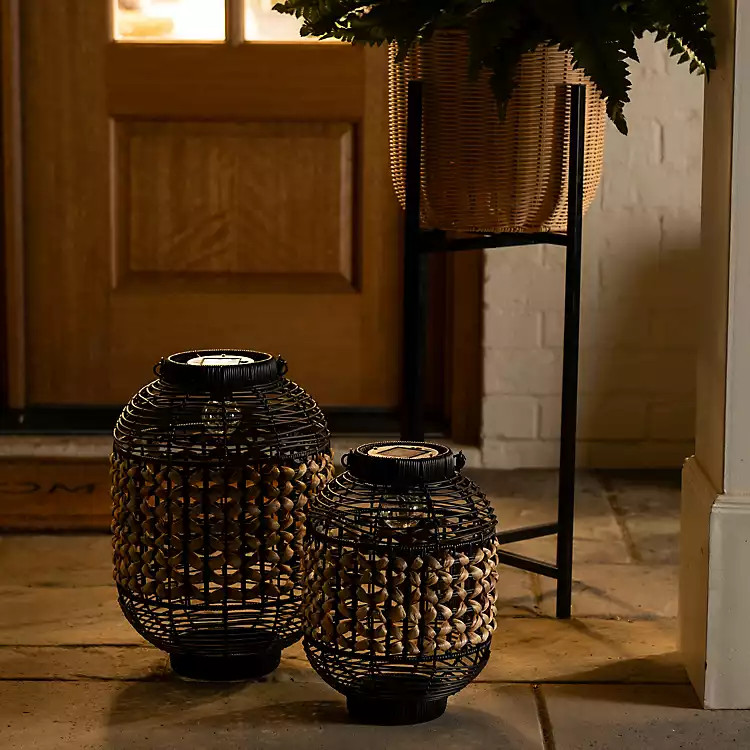 New! Natural Woven Black Solar Lantern, 16 in. | Kirklands