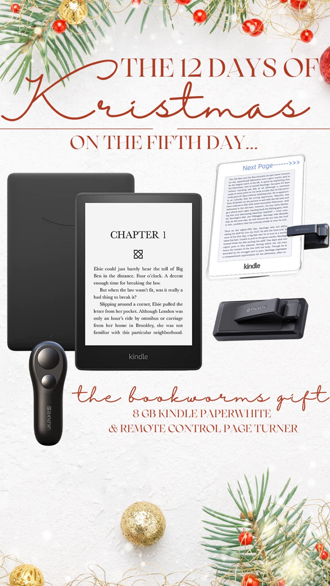 Day 5 of the 12 days of kristmas. Kindle paper white and Bluetooth page turner. Great gift. Gift for her. Gift for anyone. Easy gift. Best gift. Mother gift. In law gift. Teacher gift. Grandparent gift. Last minute gift. 

#LTKstyletip #LTKGiftGuide #LTKHoliday