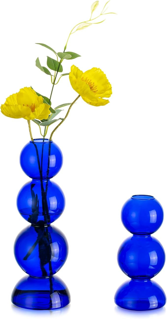 Glass Bubble Vases for Flowers, Hewory 2pcs Blue Unique Cute Single Flower Vase for Centerpieces,... | Amazon (US)