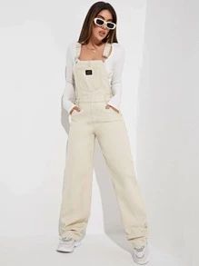 Patched Detail Pocket Front Denim Overalls Without Tee SKU: sw2108287355596340(500+ Reviews)Cotto... | SHEIN