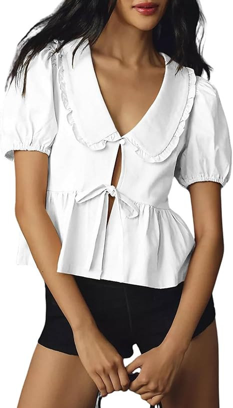 utcoco Women Tie Front Tops Puff Sleeve Peplum Babydoll Shirts Peter Pan Collar Coquette Blouses ... | Amazon (US)