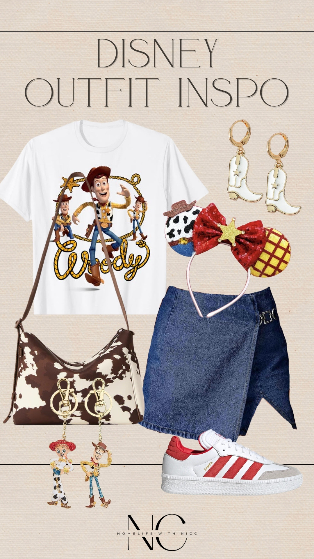 Dress like Woody on your next Disney trip!! Here some outfit inspo for your Disney vacation! Styled with my favorite Dagne Dover bags!