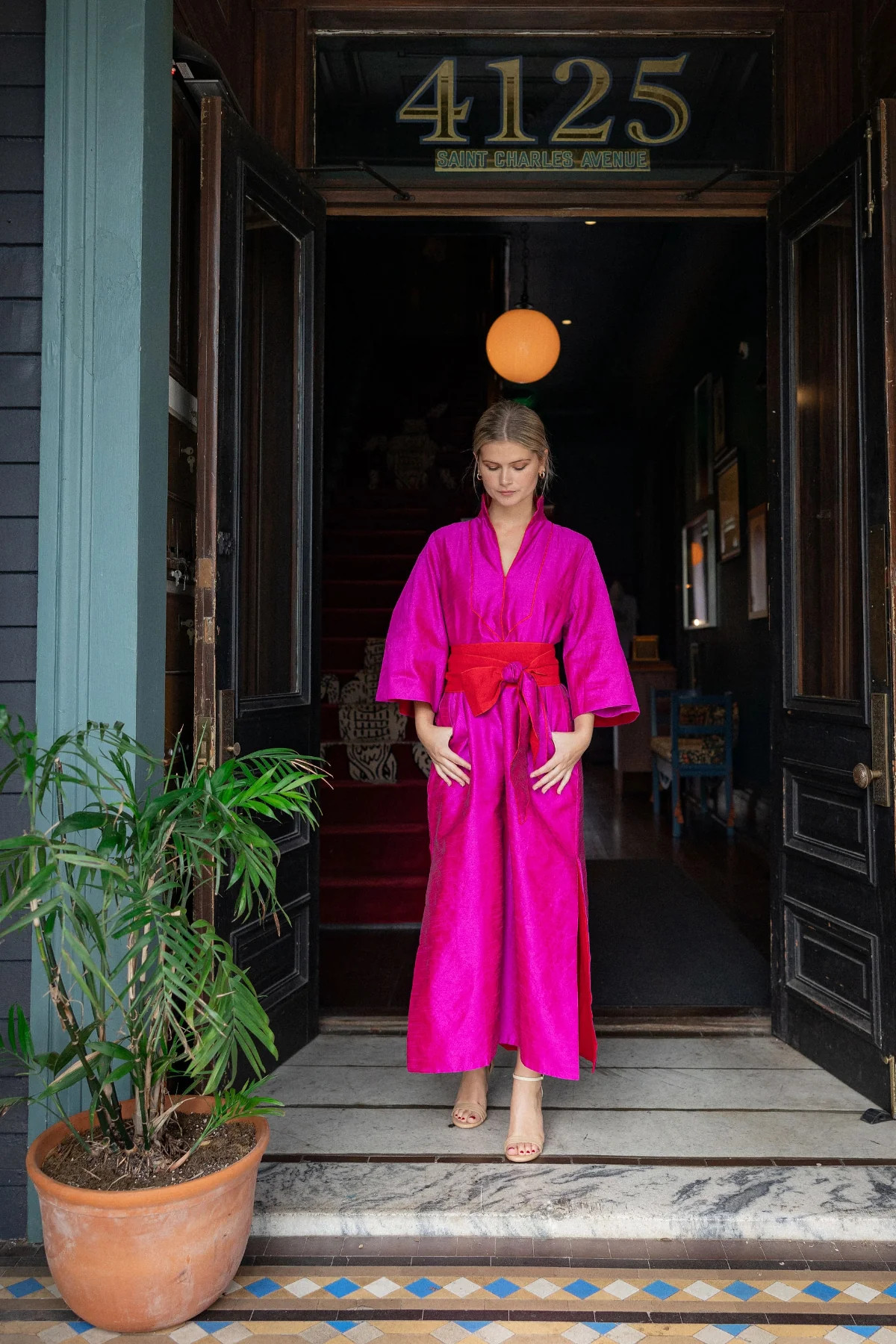 TAJ Kaftan | Hot Pink/Crimson Raw Silk Taffeta | SUE SARTOR