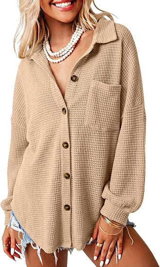 Dokotoo Womens Waffle Knit Shacket Jacket Casual Button Down Shirts Tops | Amazon (US)