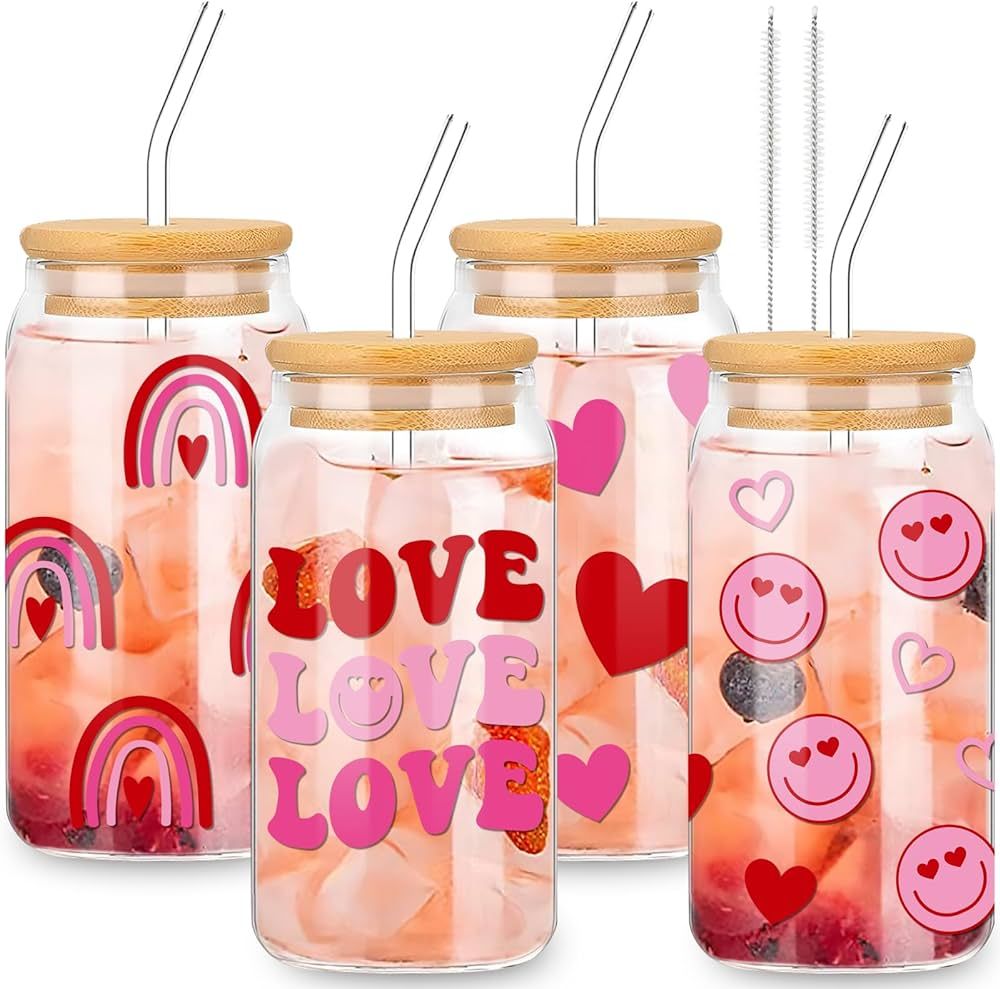 Whaline 4 Pack Boho Valentine's Day Drinking Glasses Boho Rainbow Face Heart Iced Coffee Cup Red ... | Amazon (US)