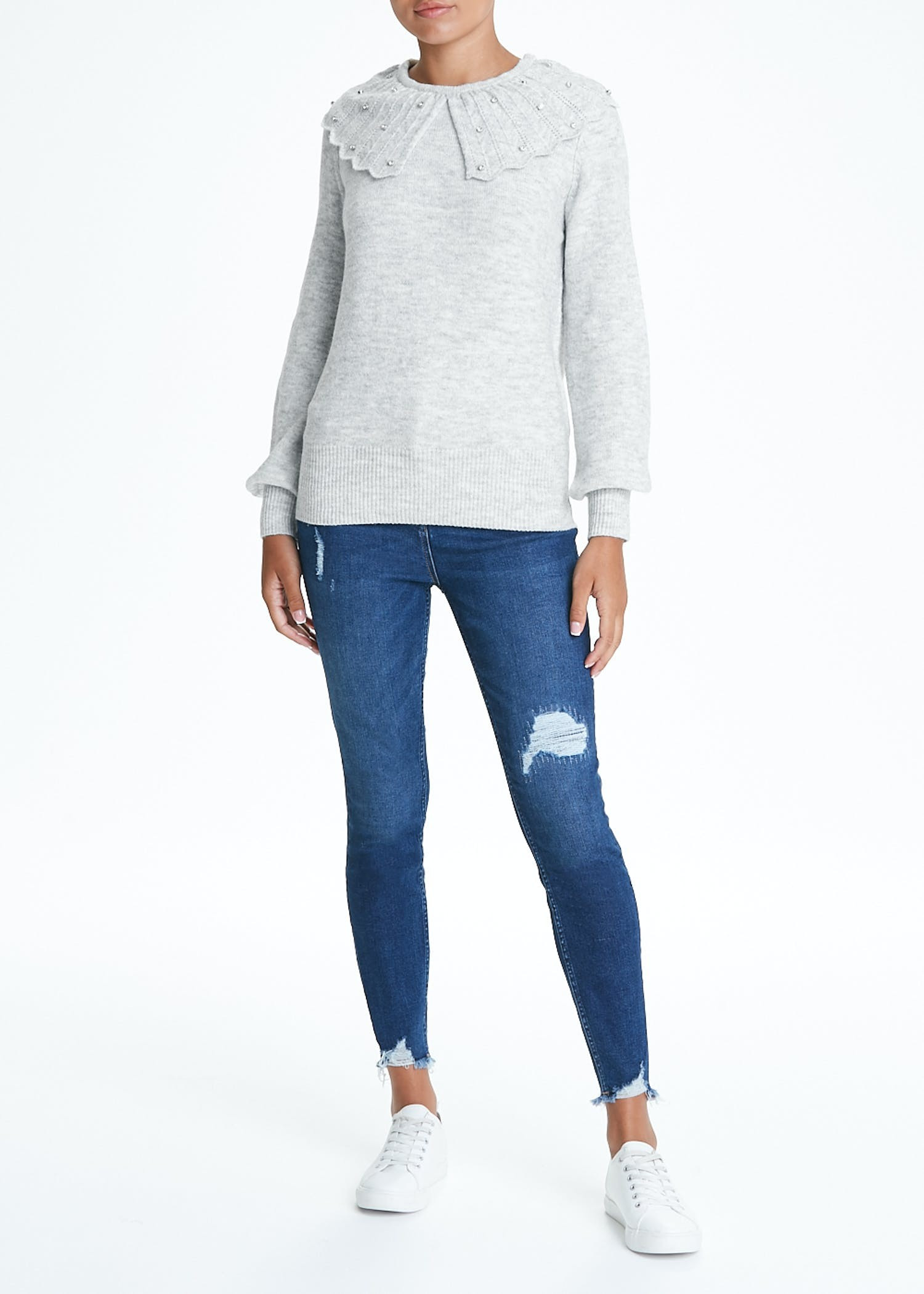 Grey Beaded Collar Jumper – Grey | Matalan (UK)