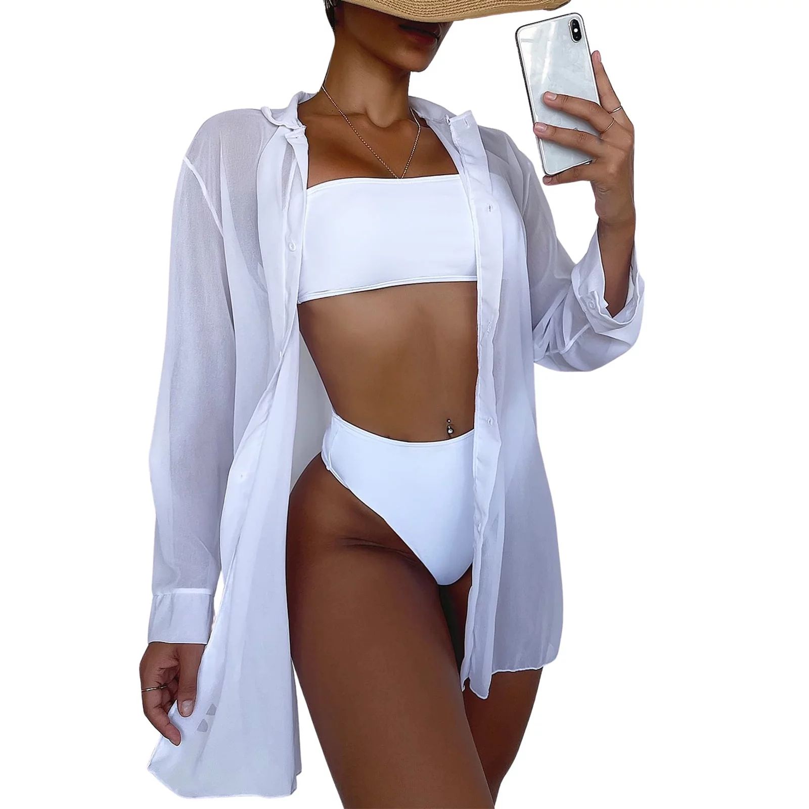 Women's Swimsuit Shirt Beach Bikini Cover Up Mesh Sheer Cover ups Tops Kimono Cardigan Loose Beac... | Walmart (US)